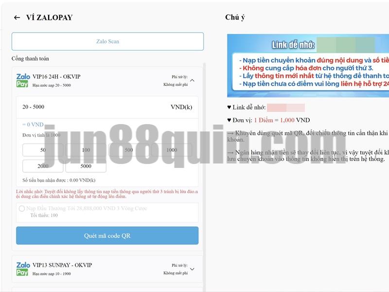 Dùng Zalopay nạp tiền Jun88 vô cùng tiện lợi